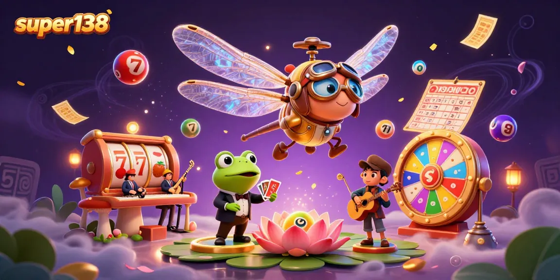 Experience excitement with super138 in a vibrant casino scene featuring a dragonfly pilot and frog croupier.