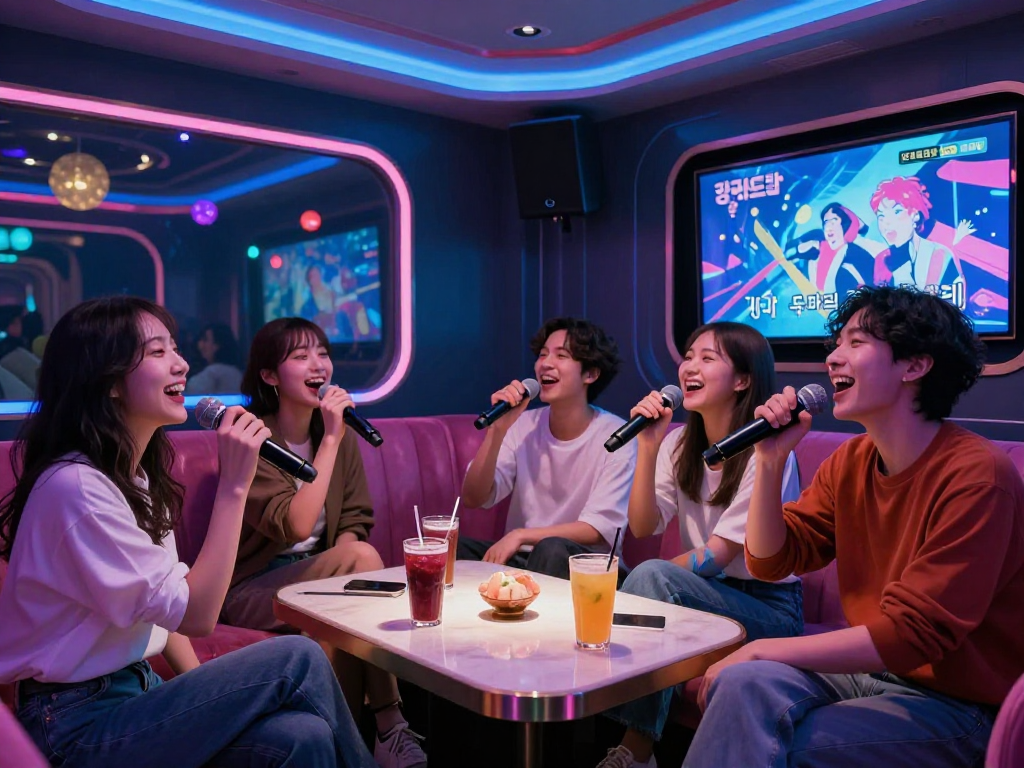 도파민 가라오케에서 친구들과 함께 노래를 부르는 즐거운 순간, 화려한 조명과 현대적인 인테리어가 돋보입니다.