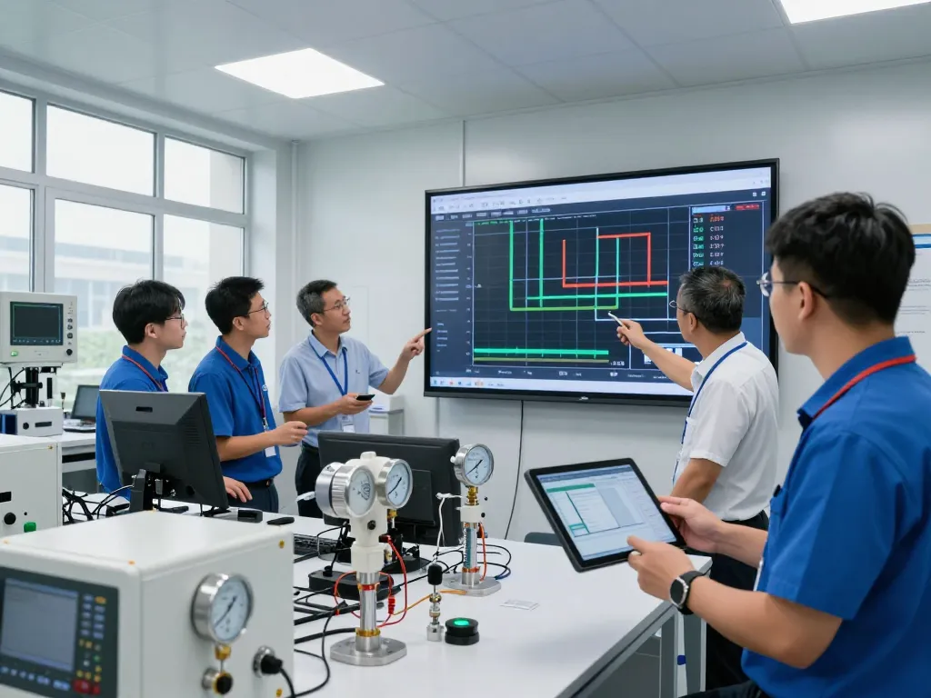 Team of engineers at an industrial automation facility discussing Endress Hauser measurement technology while analyzing data on a tablet.
