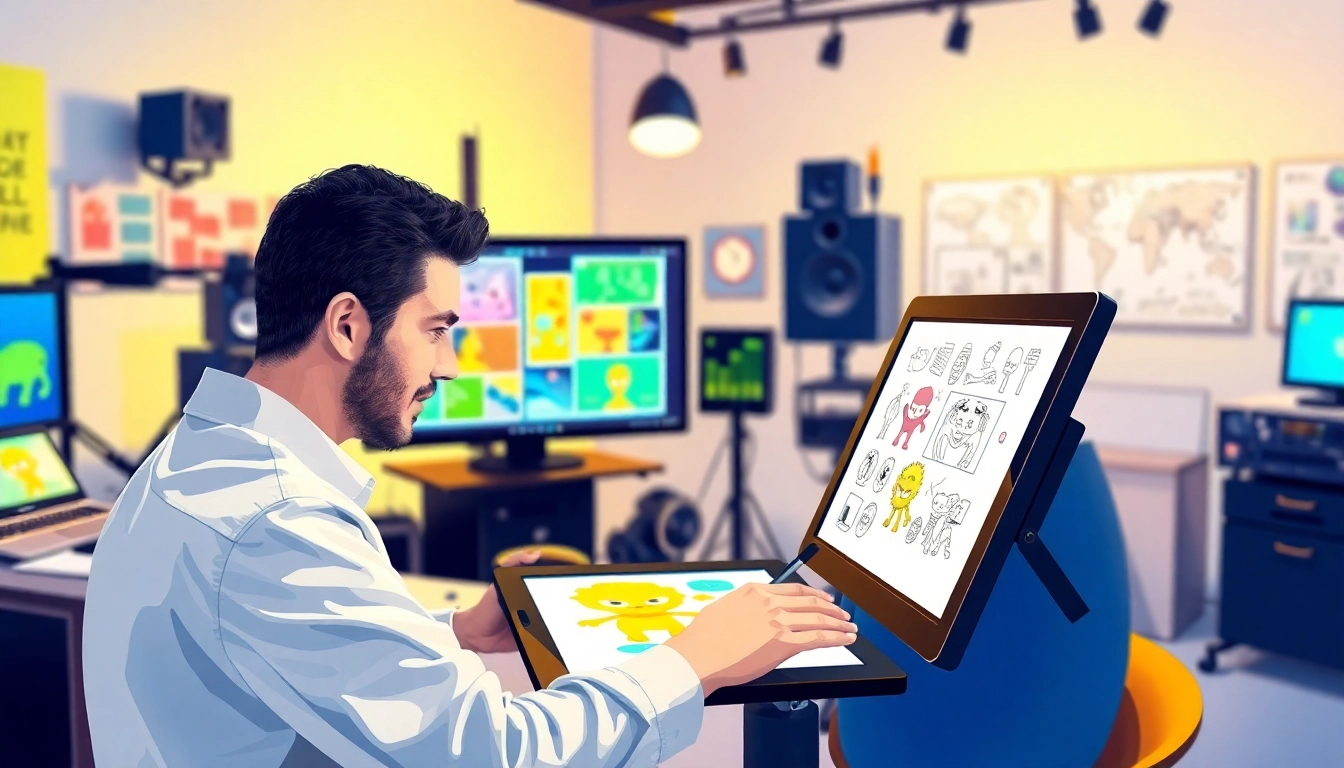 Animation Erstellen: Animator creating vibrant animations in a modern studio setting.