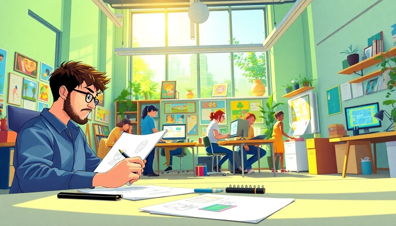 Kreative Atmosphäre im Animation Studio Berlin mit Künstlern bei der Arbeit.