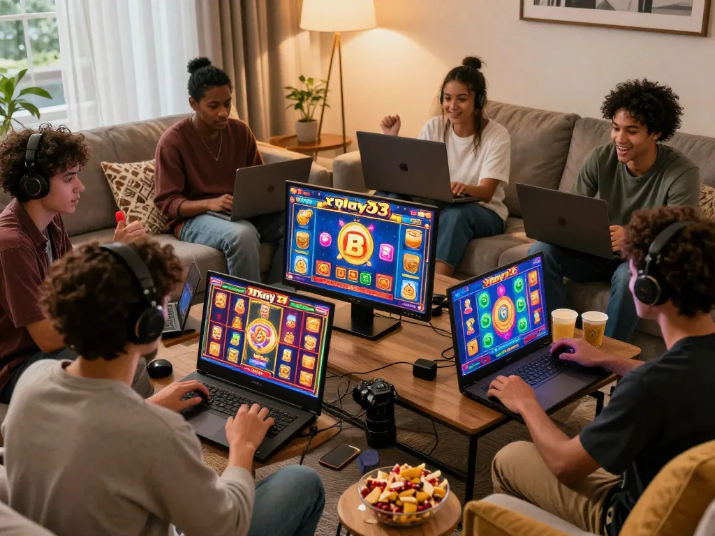 Excited players celebrating xpay33 bonuses while enjoying online slots in a cozy setting.