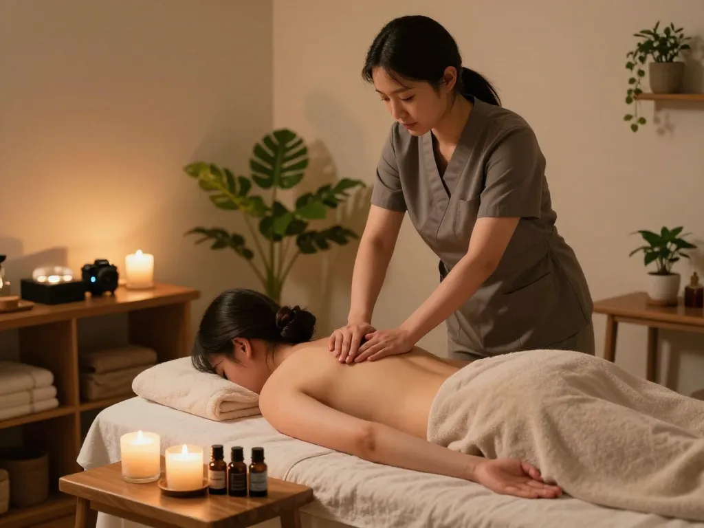Serene spa treatment showcasing a massage therapist performing 동대문스웨디시 in a calming environment with warm lighting and soothing decor.