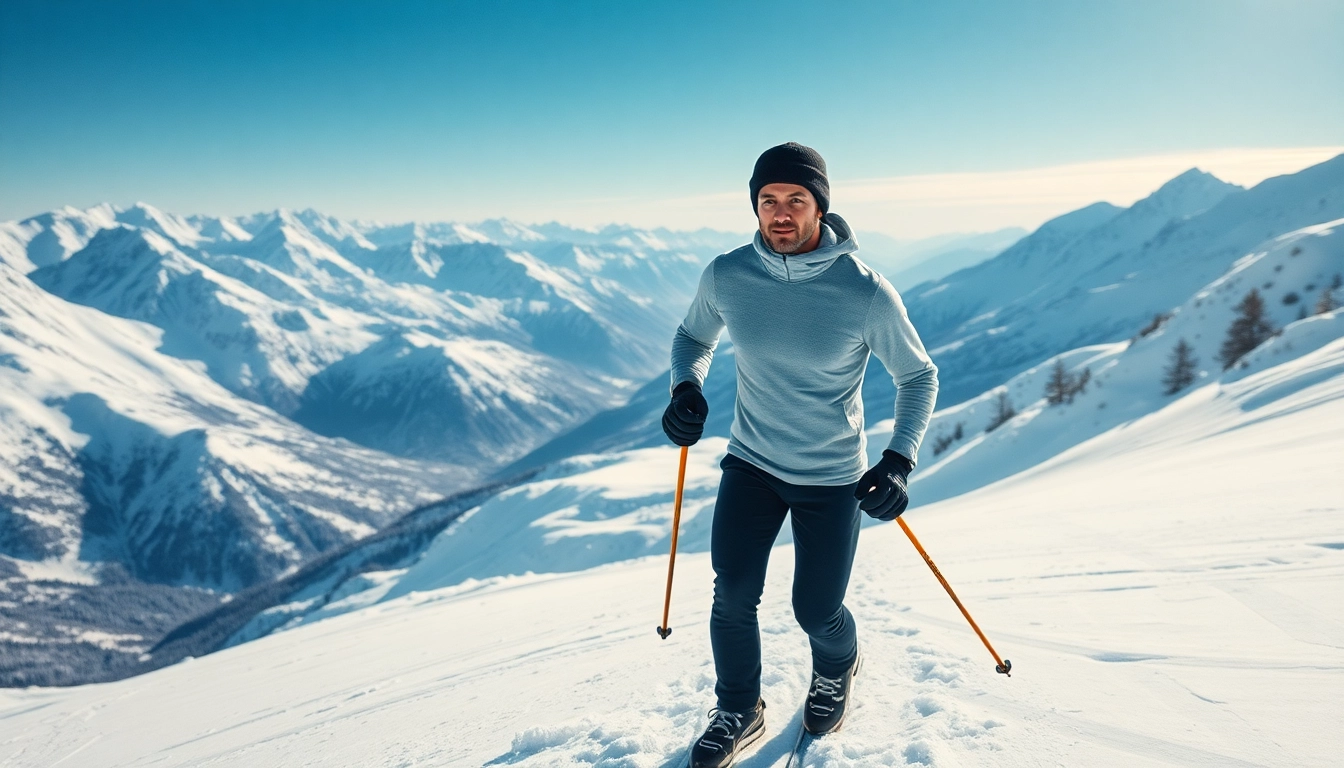 Skier in merino wool base layers for skiing gliding down an alpine slope.