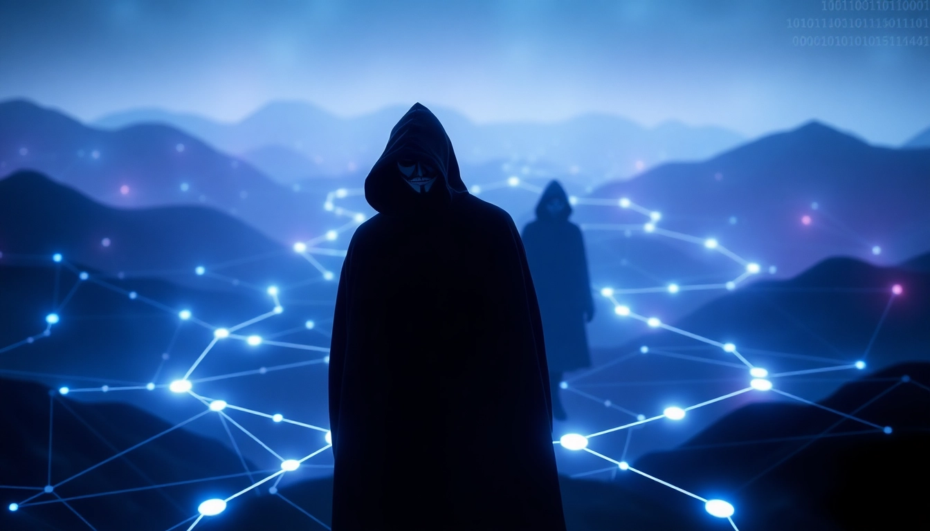 The hidden wiki digital landscape illustrating the mysterious navigation of the dark web with abstract nodes and pathways.