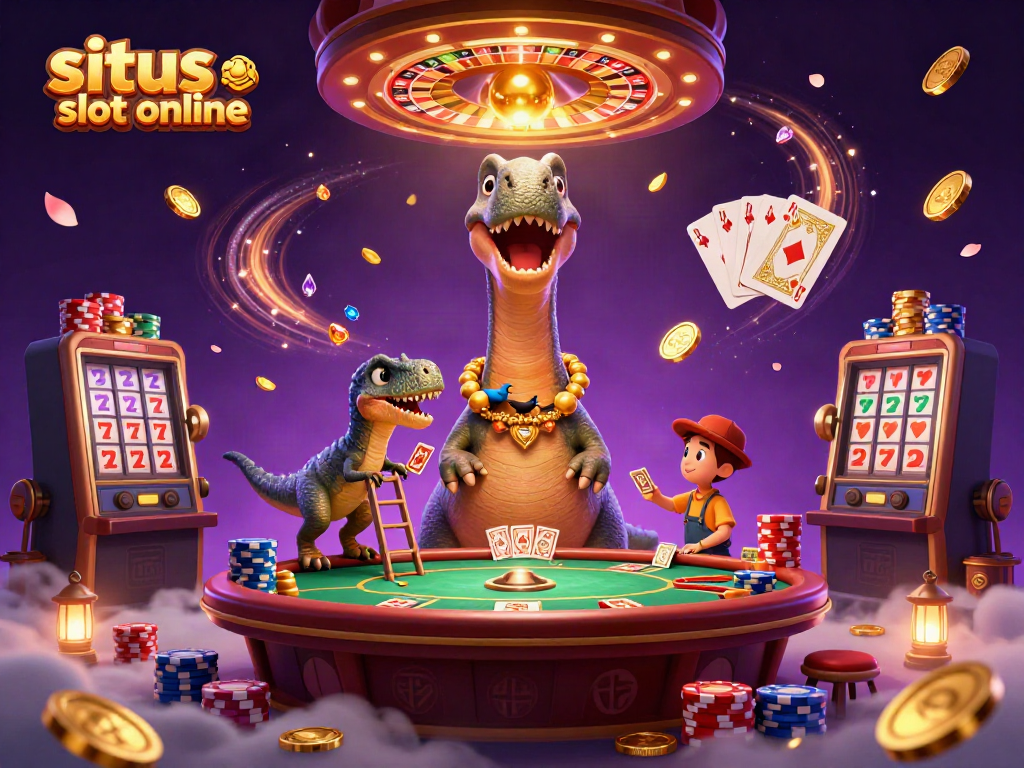 Permainan slot online terbaik dengan brontosaurus dan raptor, tema kasino menarik.