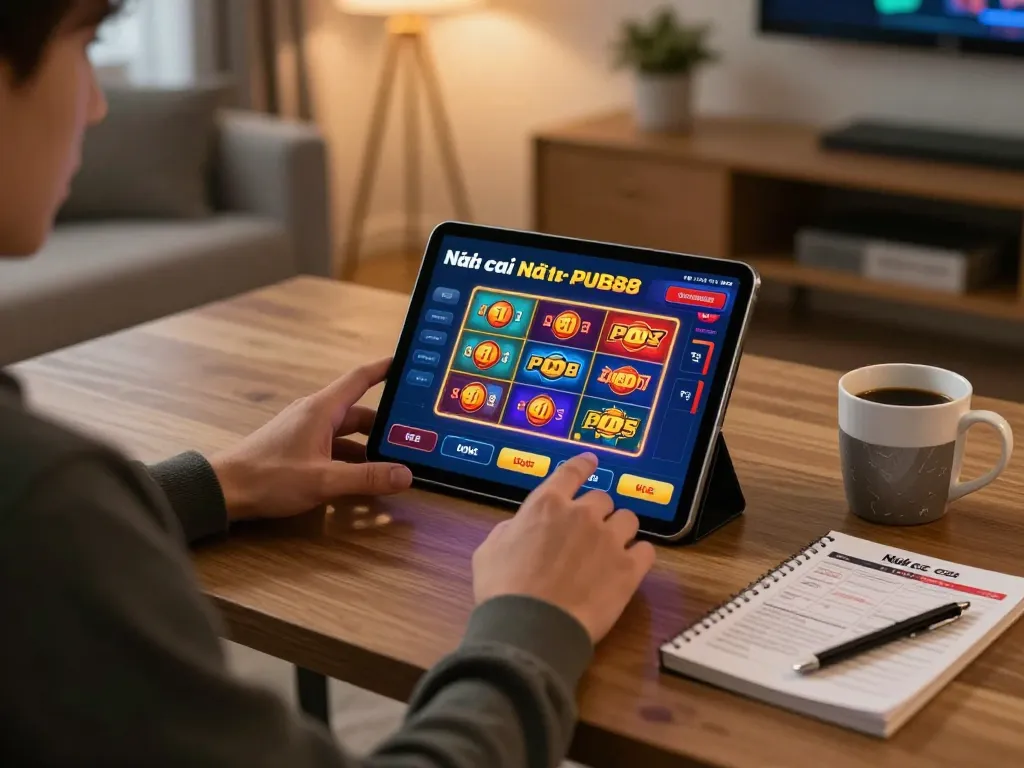 Player engaging with Nhà cái PUB88 on a tablet during an online gaming session at home.