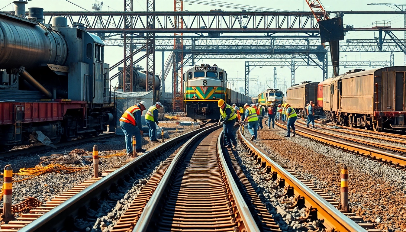 Railroad construction crew actively installing tracks with heavy machinery in the background.