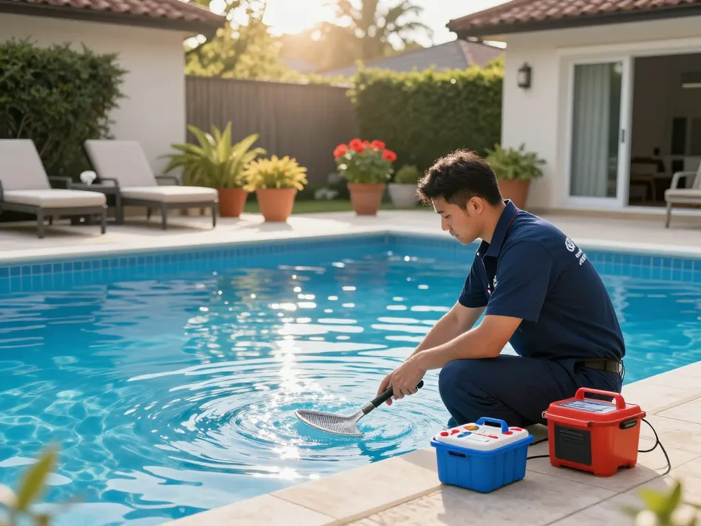 Dolphin Pool Services technician inspecting a residential pool, ensuring quality maintenance.