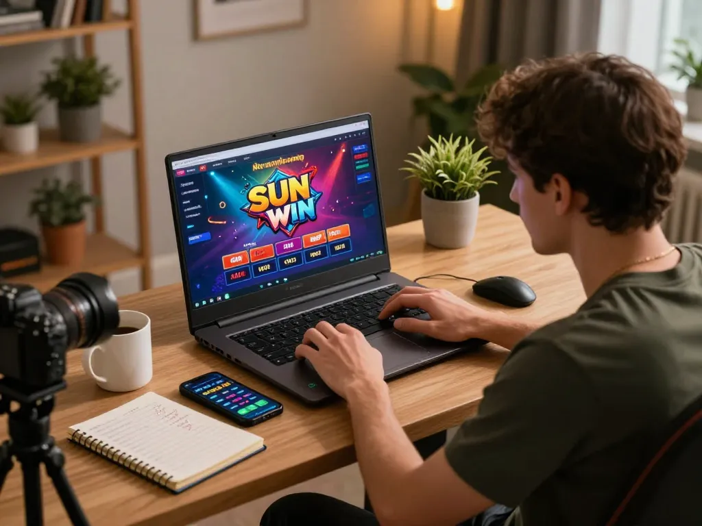 Player enjoying an exciting online gaming session on Sun Win platform, demonstrating strategic gambling at home.