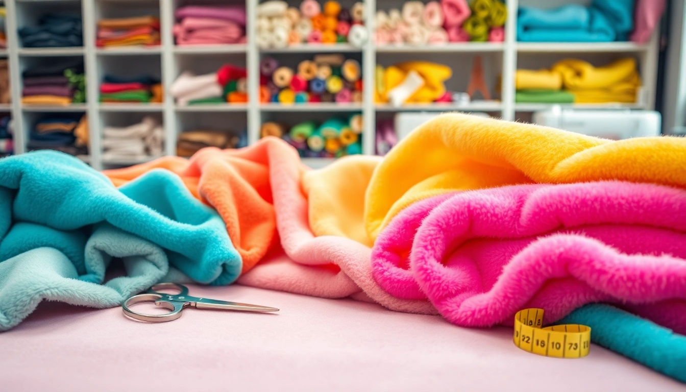 Fleece stof kopen in verschillende kleuren op een tafel in een naaiatelier.