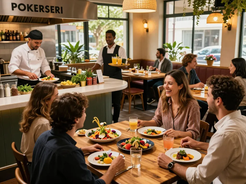 Guests enjoying a vibrant dining experience at POKERSERI, sharing laughter over delicious meals.