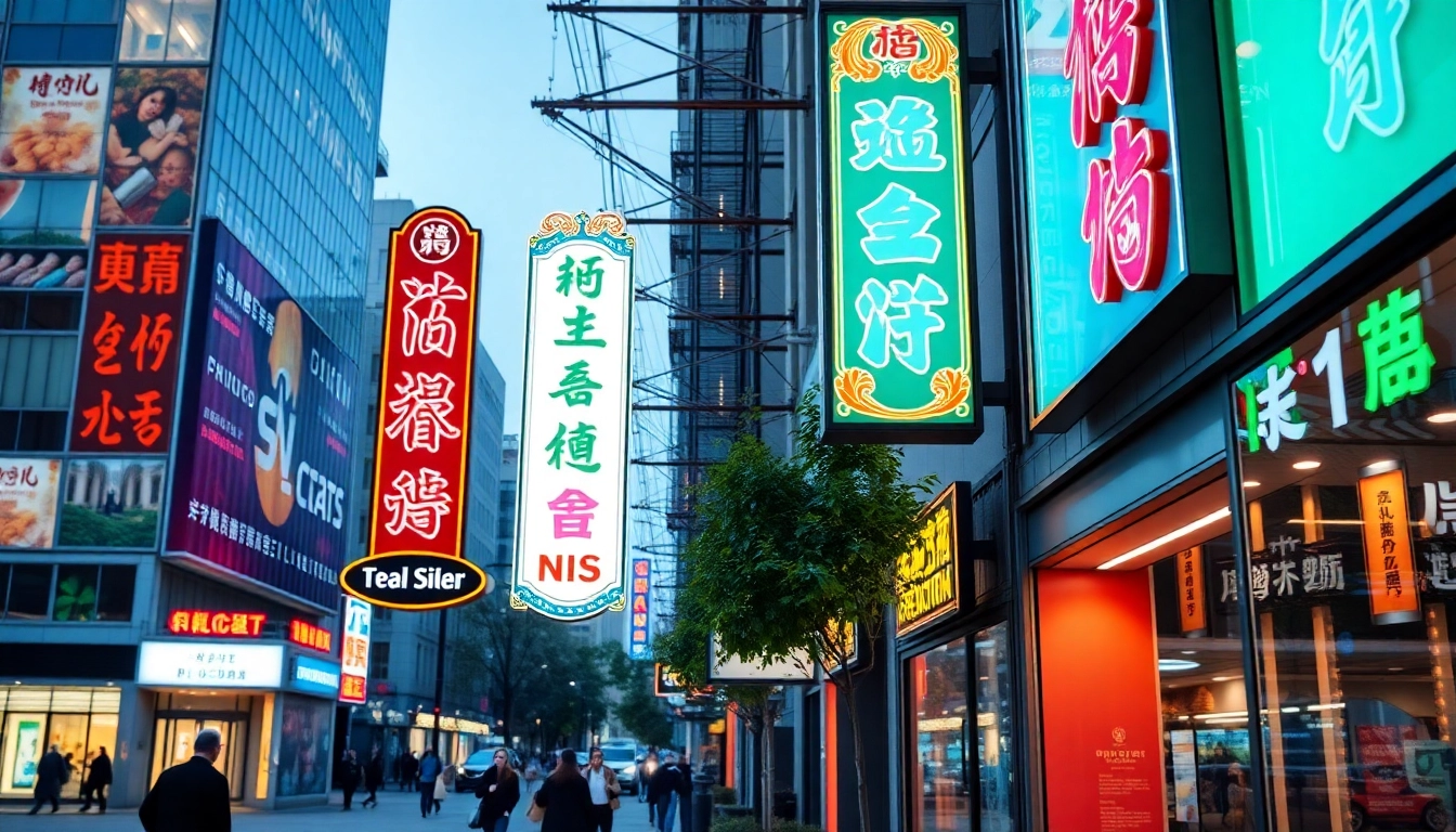 Engaging electrical signs illuminated in a lively urban atmosphere.
