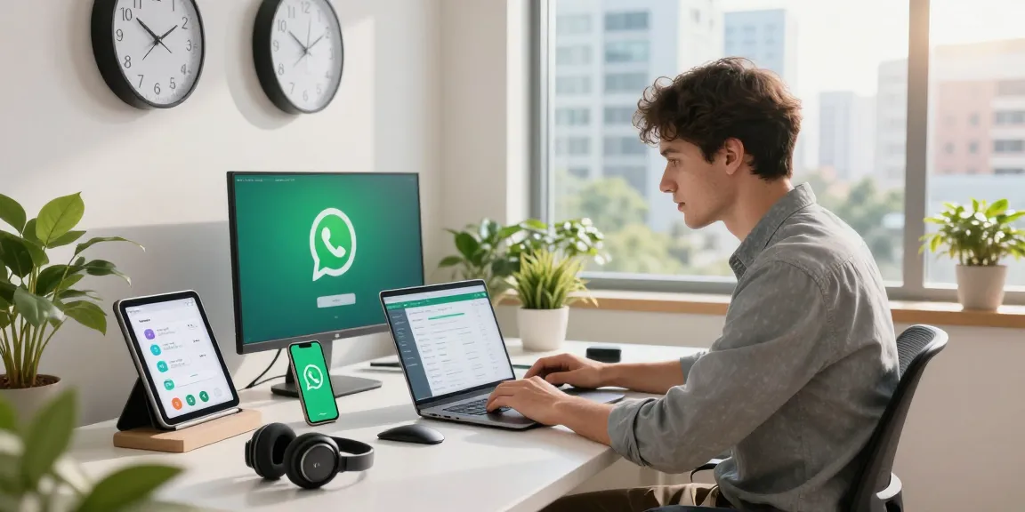 Professional downloading WhatsApp下載 on laptop in a bright tech workspace.