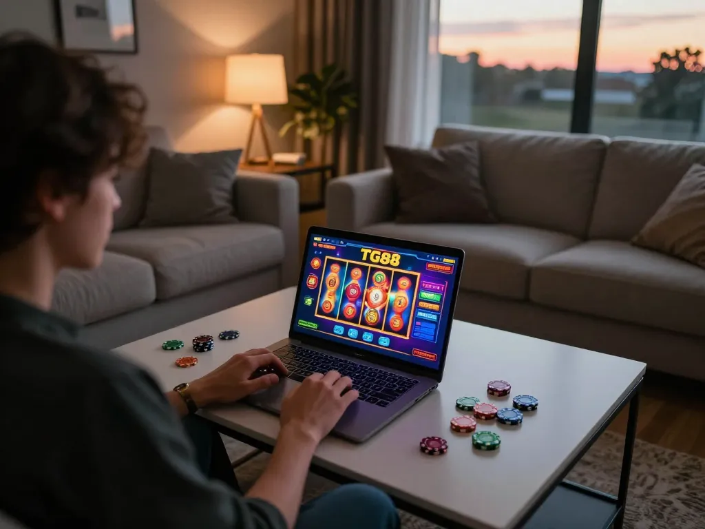 Engaging in online gaming with TG88 on a laptop in a cozy living room setup
