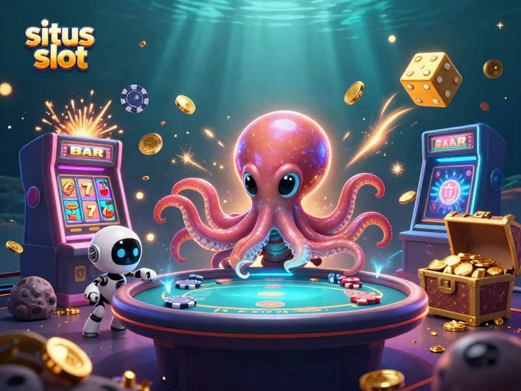 Engage in situs slot action with a cartoon alien octopus and casino-themed elements, showcasing vibrant gaming excitement.