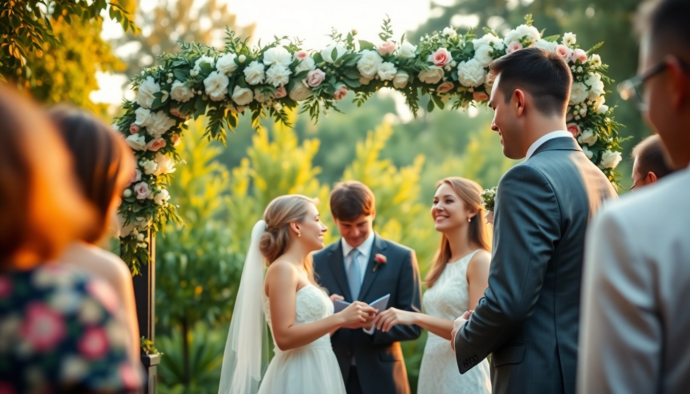 Wedding photographer captures a couple exchanging vows during an outdoor ceremony.