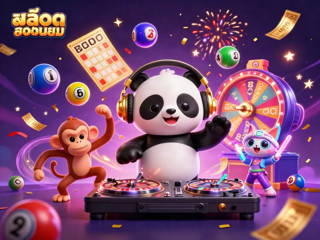 Engaging scene highlighting สล็อตยอดนิยม with DJ panda, dancing monkey, and glow-stick kitten surrounded by vibrant casino elements.