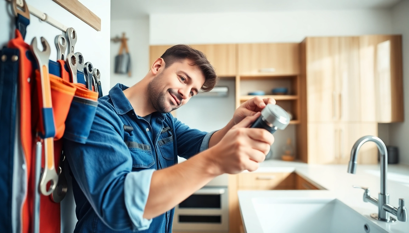 Find a reliable plumber near me repairing a kitchen sink with essential plumbing tools.