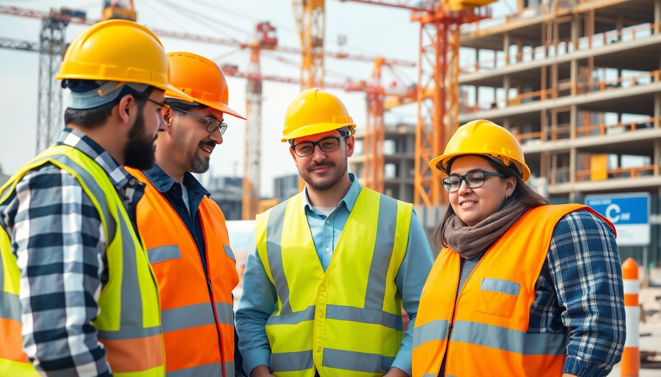 Enhance construction site safety with workers in safety gear collaborating on a project.