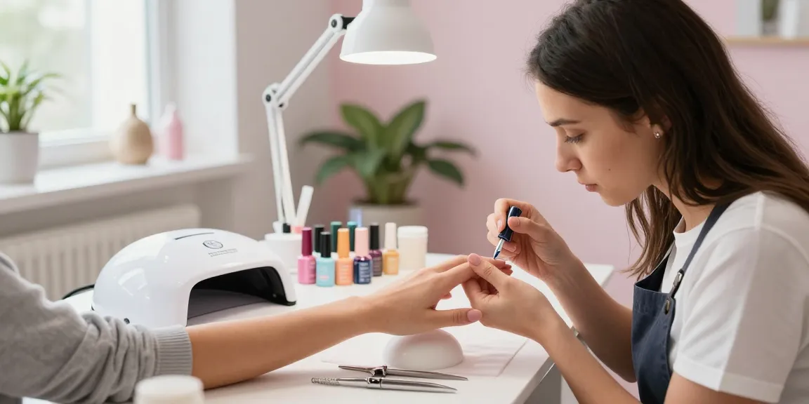 Aplicarea ojei semipermanente profesionale într-un studio de înfrumusețare modern, cu lacuri de unghii colorate și unelte profesionale.