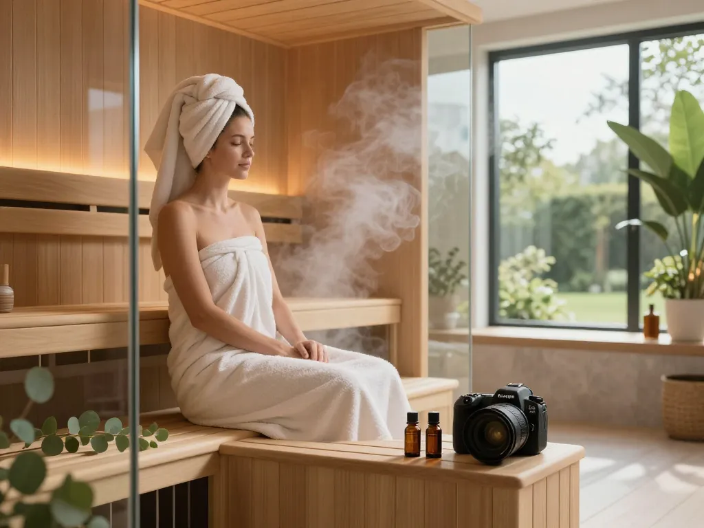Relaxing in a sauna 3D model with calming decor and ambient lighting.