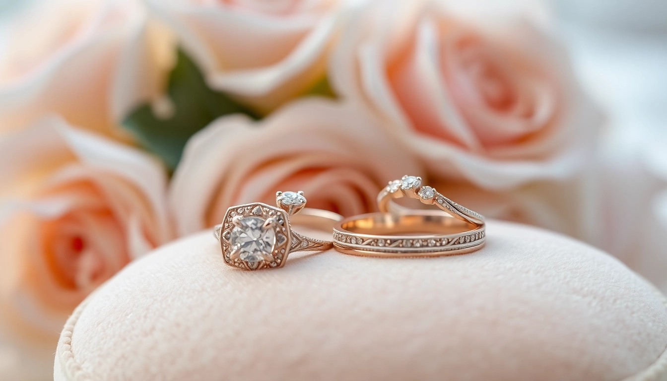 Stunning wedding rings elegantly displayed on a velvet cushion, highlighting their intricate designs and sparkles.