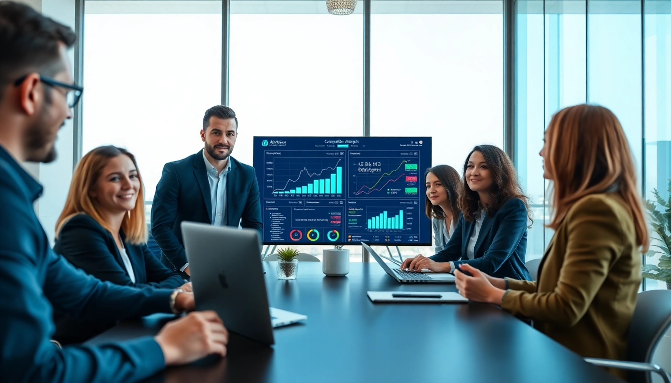 Team collaborating on AI for competitor analysis with digital data visuals
