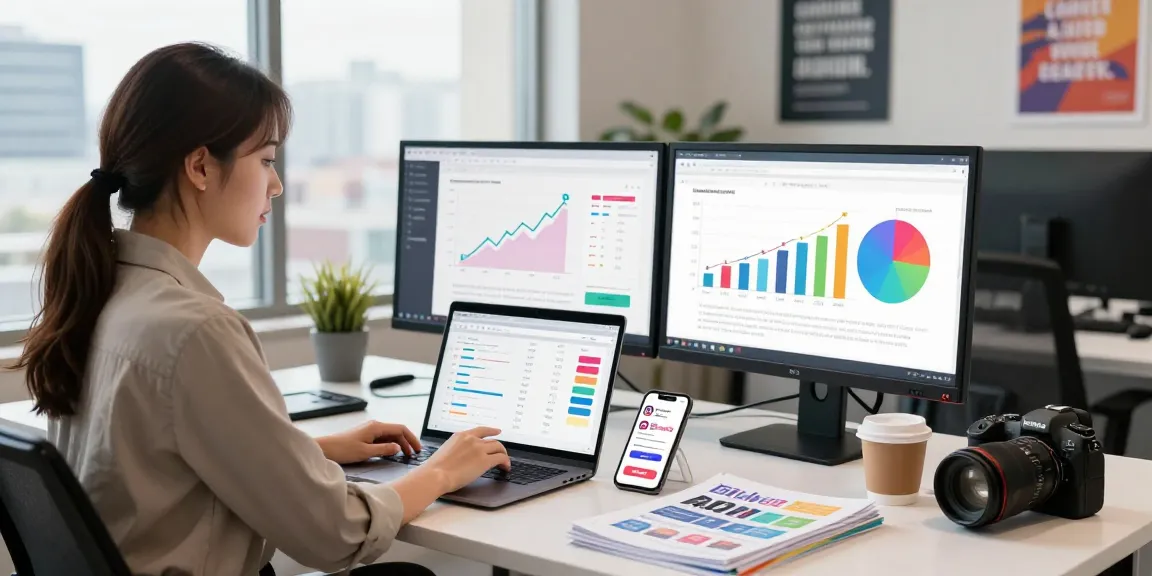Social media marketer analyzing data on Instant Instagram follower delivery in a modern office.