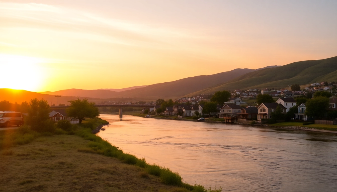 Picture of Clarksburg ca highlighting a peaceful riverside at sunset with charming houses.