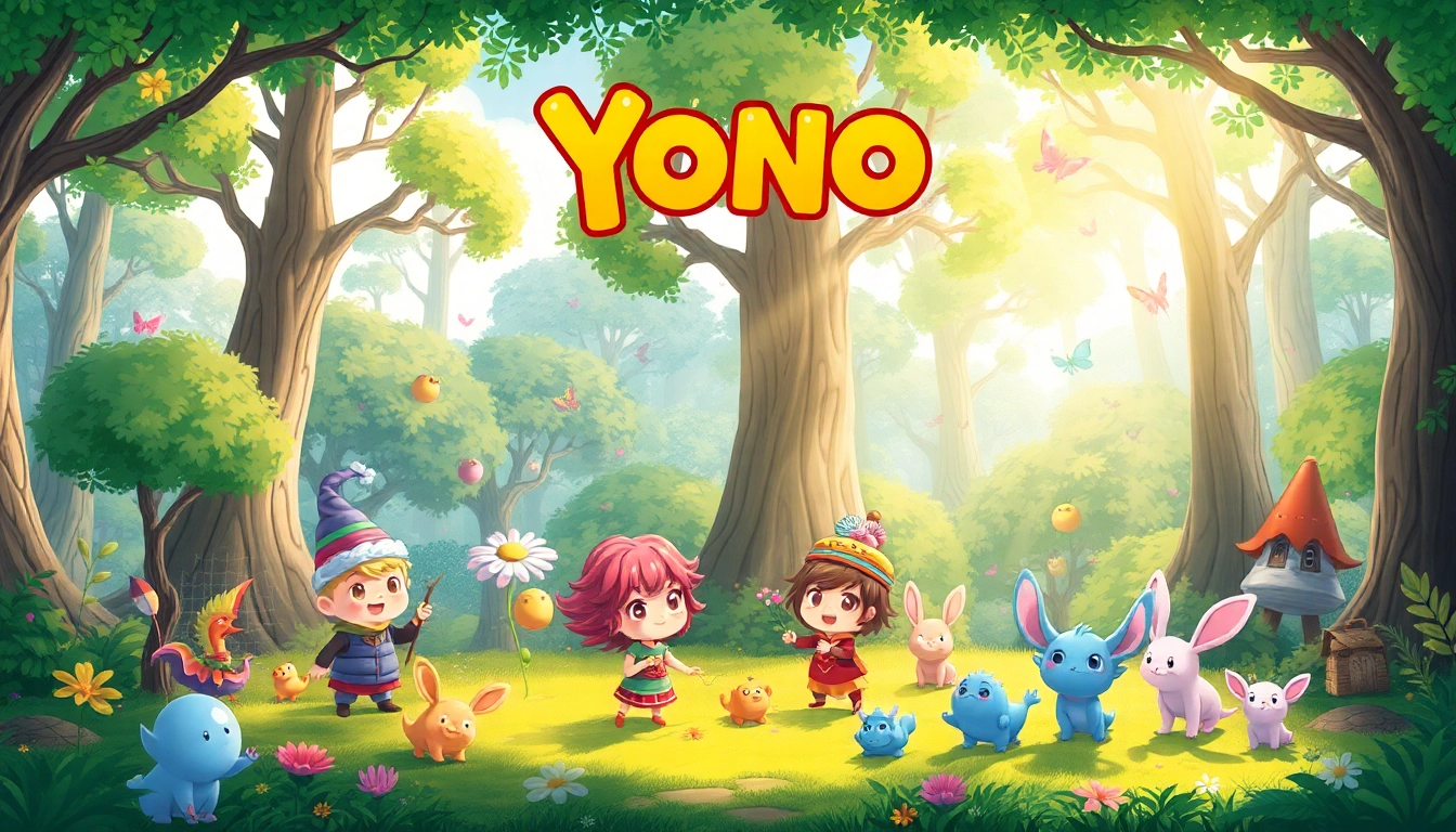 Explore the world of Yono games with captivating characters amidst a magical forest landscape.