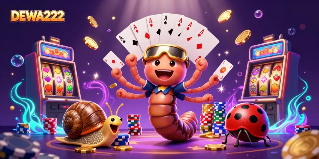 Engage with DEWA222 as a 3D dealer leads a colorful casino scene filled with vibrant slot symbols and chip stacks.