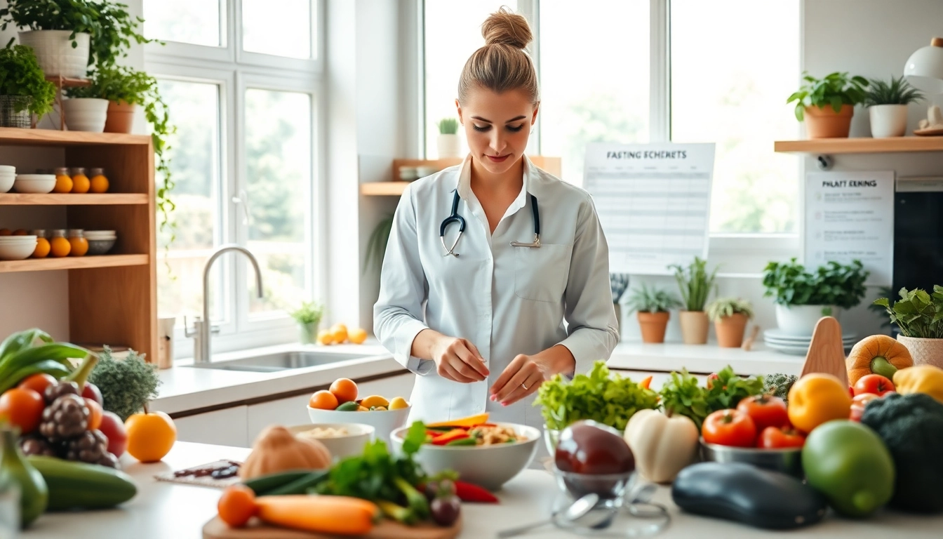 Nutritionist preparing healthy meals for intermittent fasting in a bright kitchen.