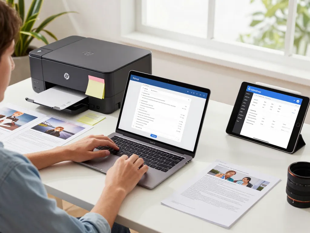 Effortless printing with HP Smart Printer app in a modern workspace.