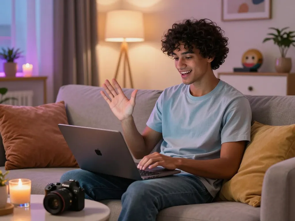 Engaging interaction with AI nsfw character on laptop in cozy living space.