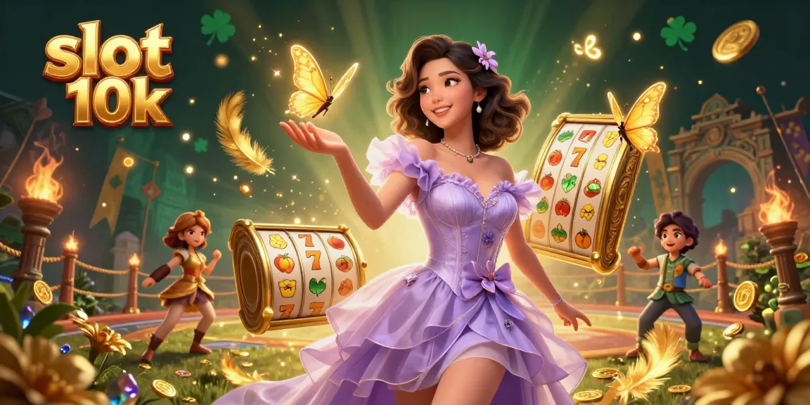 Experience excitement with slot 10k, featuring a stunning illustration of an Asian woman with golden butterflies and dynamic casino elements.