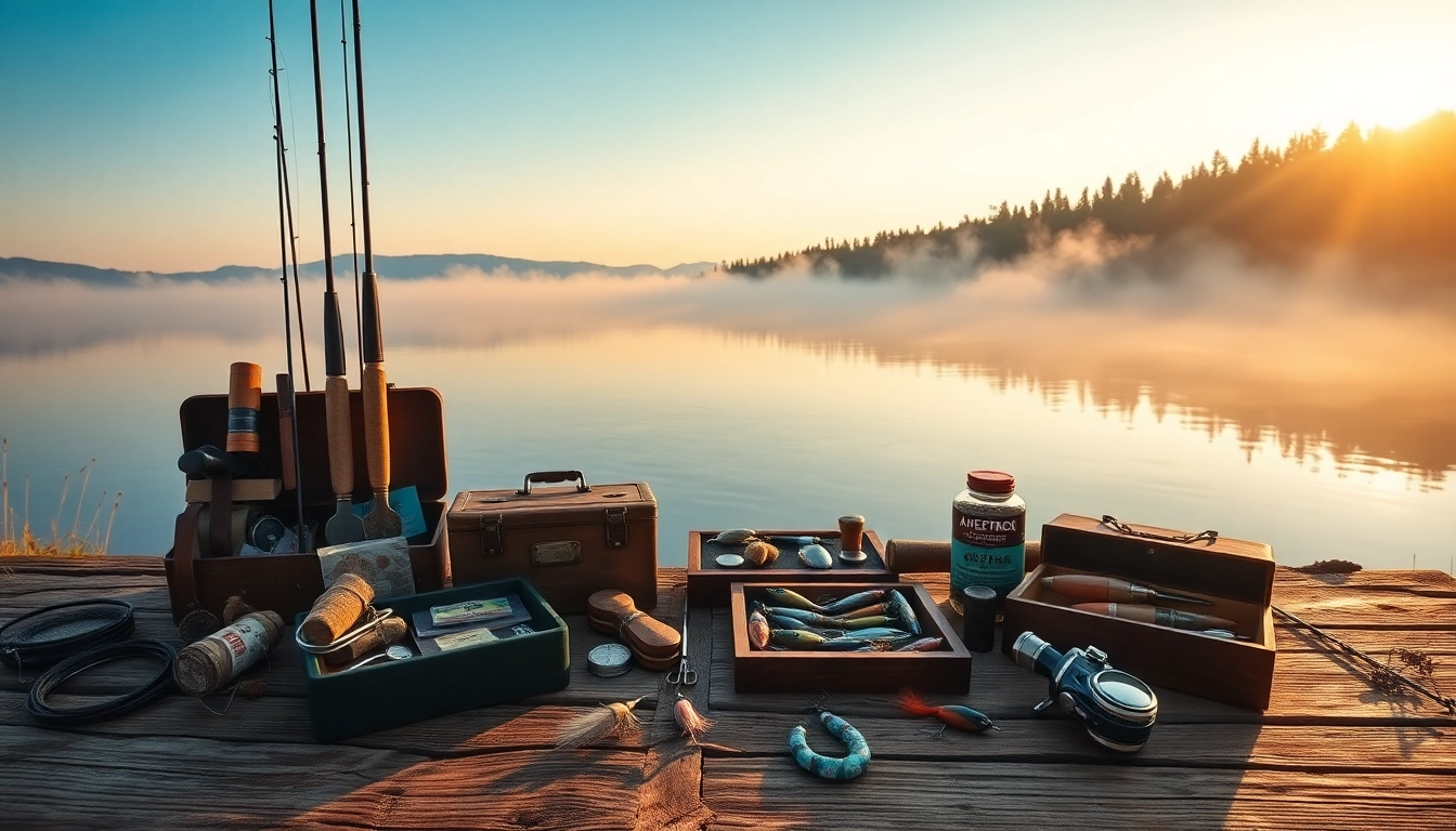 Gift ideas for fishing enthusiasts showcasing unique fishing gifts on a rustic table by the lake.