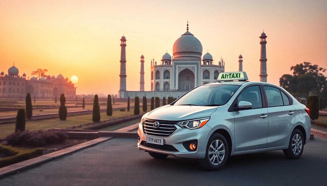 Agra Taxi service with a clean vehicle near the Taj Mahal, highlighting reliability and beauty.