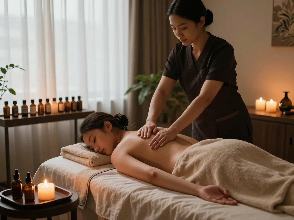 Inviting Samsung-dong massage room showing Swedish massage in progress