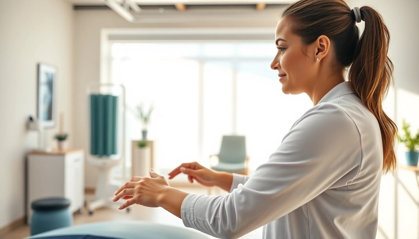 Engaging physiotherapist practicing north edmonton physiotherapy with a patient in a serene clinical setting.