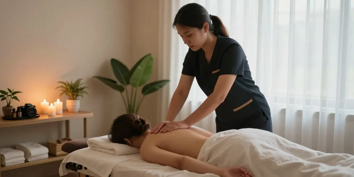 1인샵에서 아로마 오일을 사용한 마사지 중인 모습, 따뜻한 조명과 편안한 분위기 조성