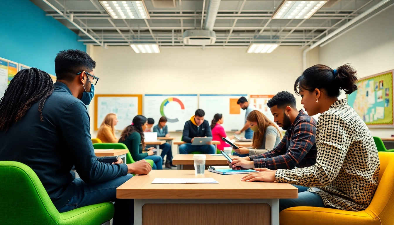 Engaged learners participating in workforce education activities in a vibrant classroom.