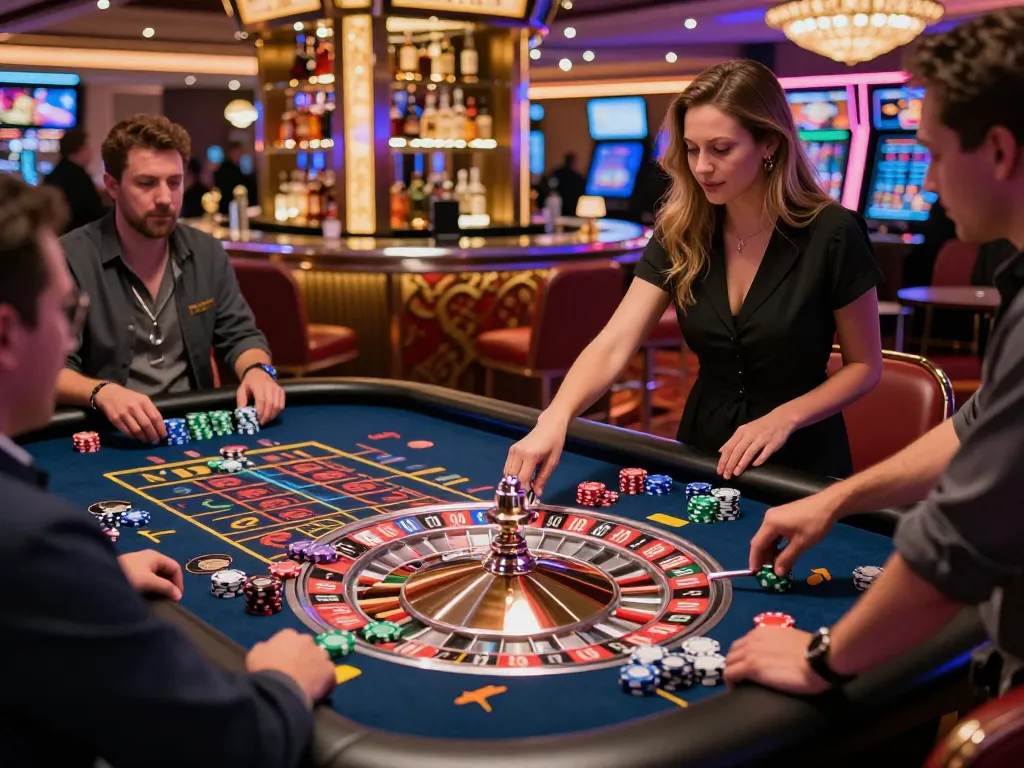 Experience the thrill of casino gaming at winstrike69 with players engaged at a roulette table.