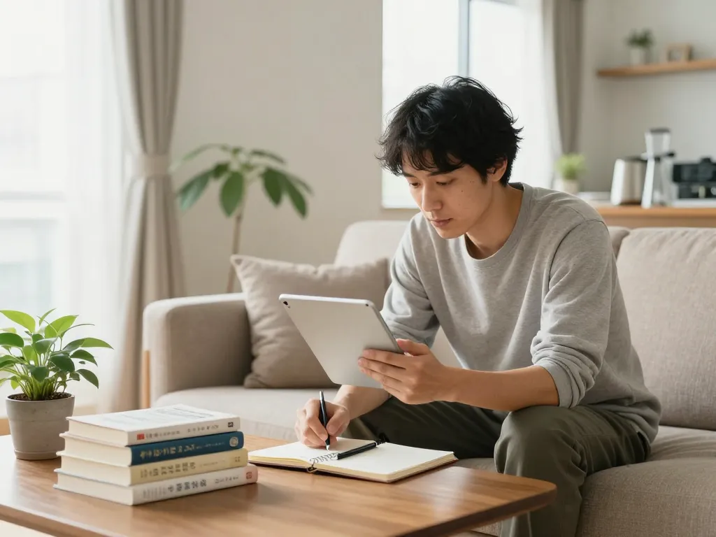 快適なリビングルームで健康について議論しながらキトー君の口コミレビューを読む男性。