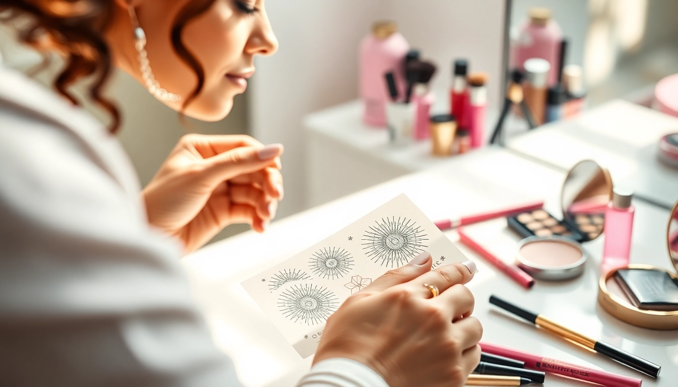 Eyeliner stencil being creatively utilized by a makeup artist against a stylish vanity backdrop.