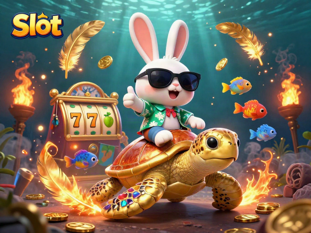 Spin the Slot reels with the lucky rabbit and golden turtle amidst a vibrant casino atmosphere.