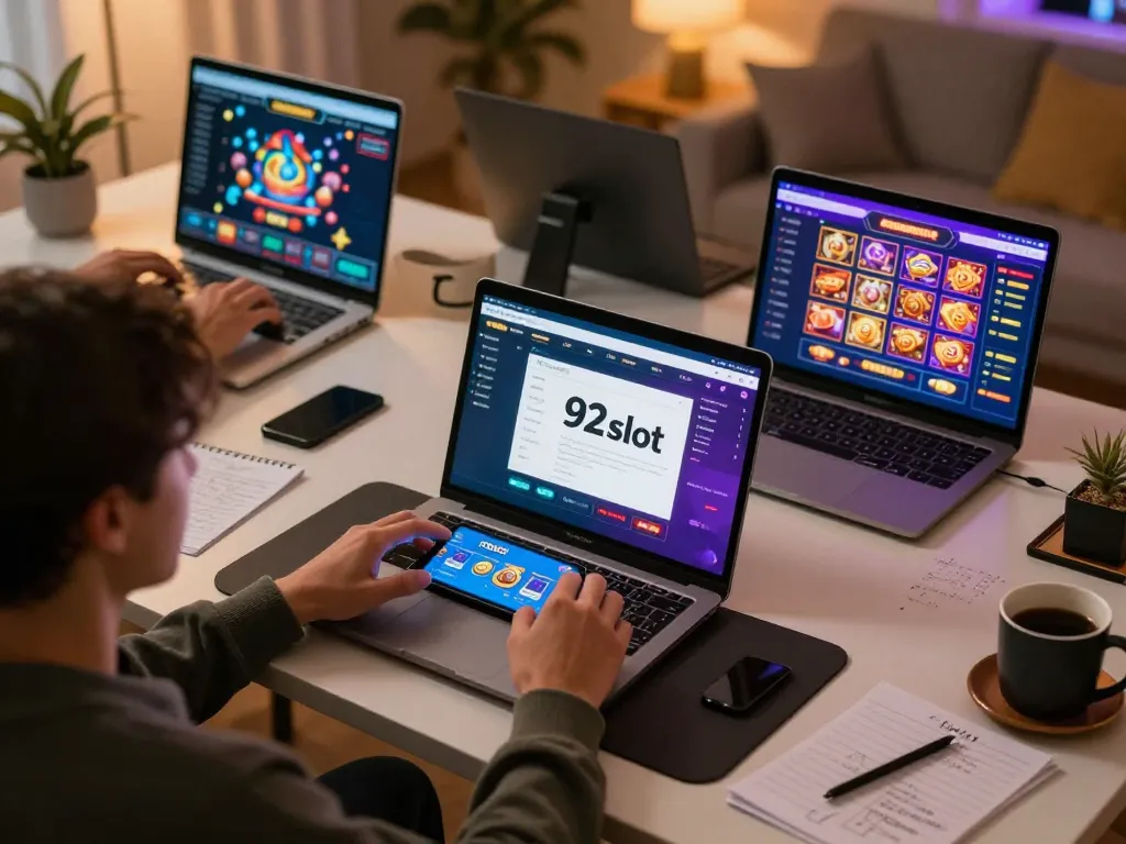 Person enjoying the immersive 92slot gaming experience on a mobile app, surrounded by strategy notes.