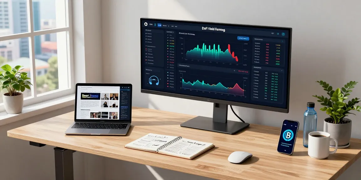 Crypto cloud mining workspace with advanced DeFi dashboard and security features, showcasing a modern home office.
