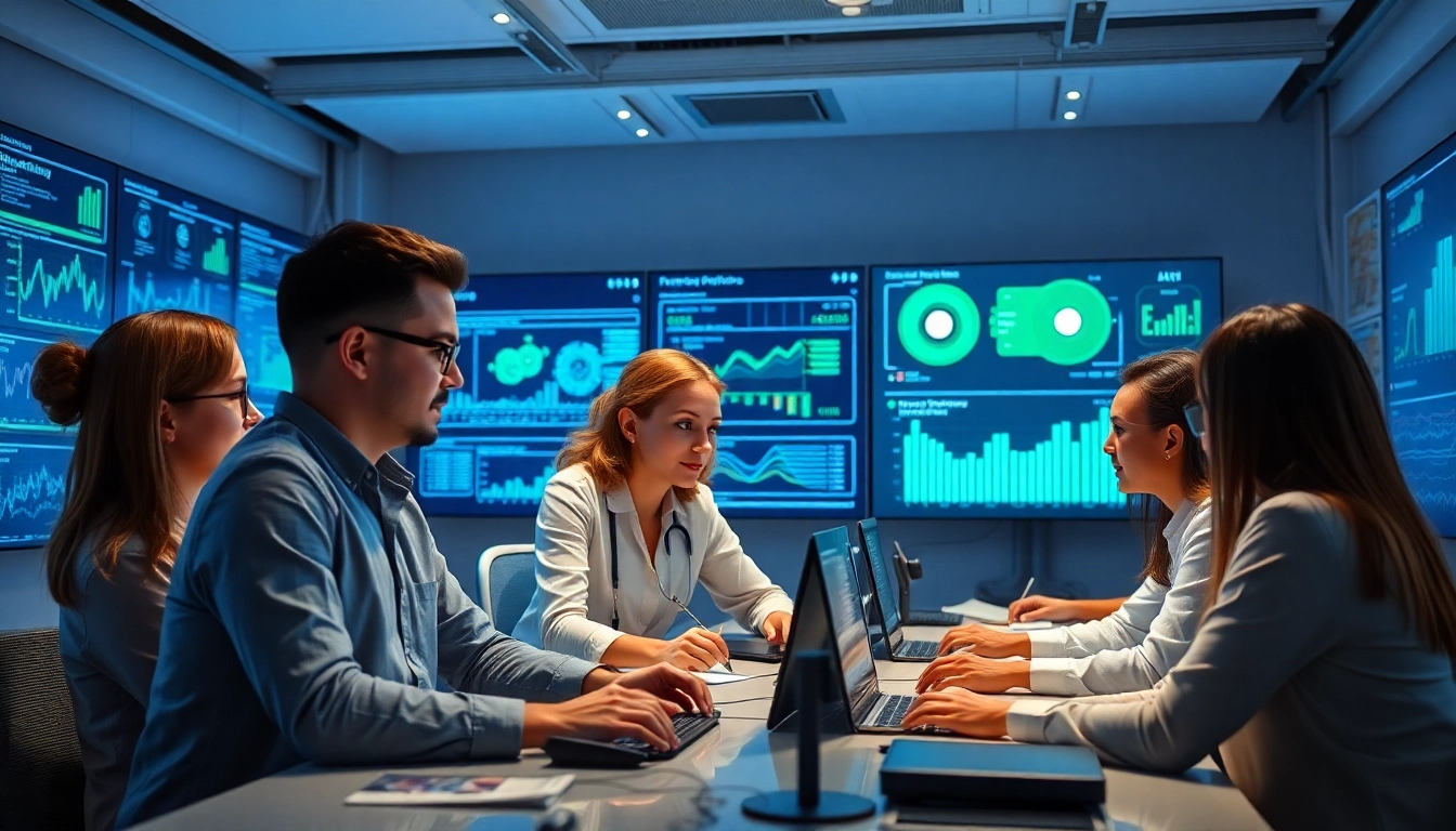 Dynamic team of professionals at an AI integration service provider collaborating over advanced technology interfaces.