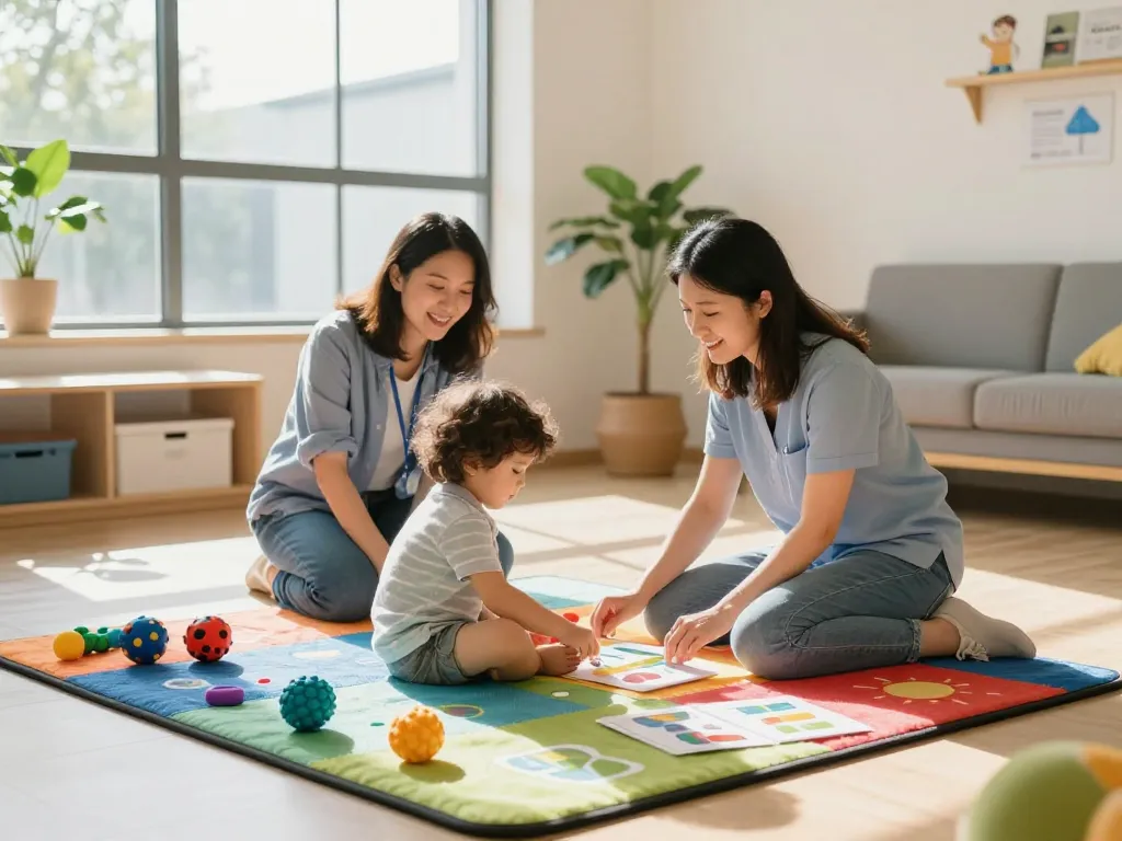 Engaging Speech Therapy Sydney session in a bright pediatric setting.